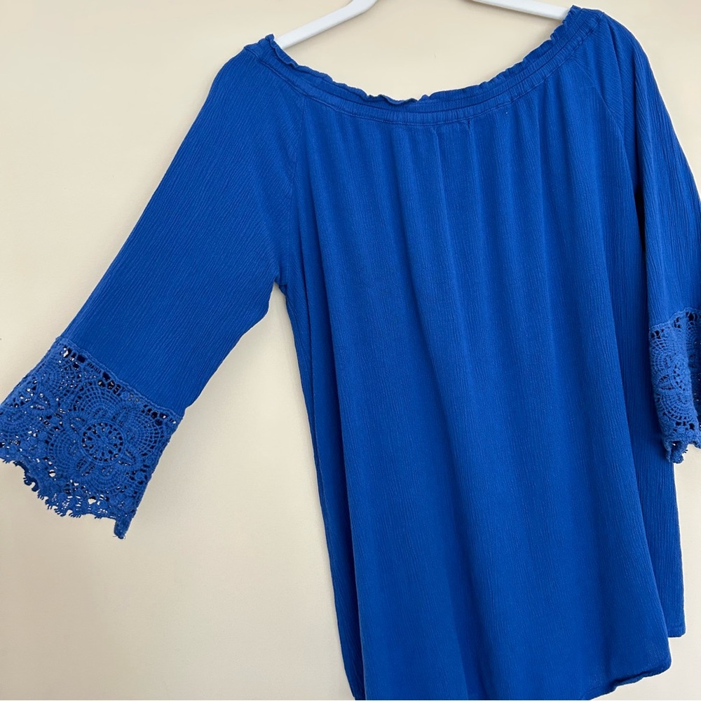 Chelsea & Theodore Royal Blue Lace Crochet Sleeve Peasant Top - Picture 7 of 8